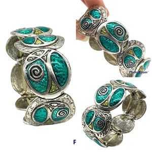 Vintage Artsy Swirl Turquoise & Silver Stretchy Circle Bracelet